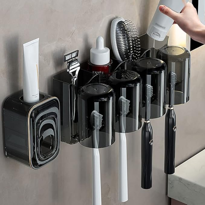 Toothbrush Rack Couple Toothbrush Holder Wall Mount Toothbrush Holder Bathroom Storage Rack with Mouthwash Cup, Toothpaste Squeezer Kit Bathroom Toothbrush Holder(A,Medium)