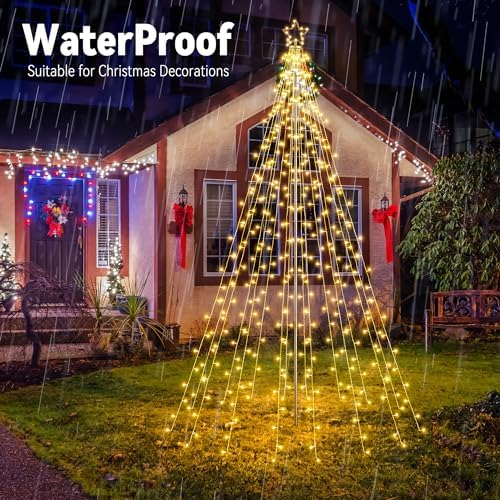 Outdoor Christmas Tree Lights with Pole, 10 FT, Warm White and Multicolor