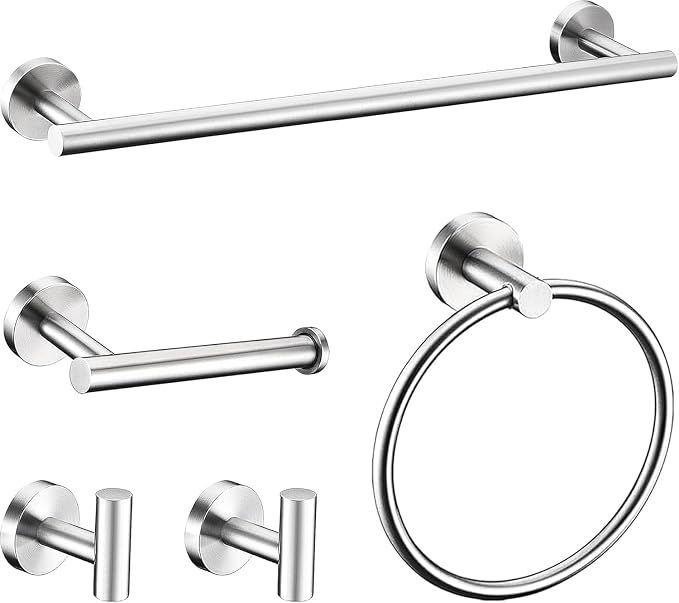 5 Pieces Bathroom Hardware Accessories Set Brushed Nickel, 24Inch Round Towel Racks Set for Bathroom, SUS304 Stainless Steel Towel Bar Set,Toilet Paper Holder Wall Mounted