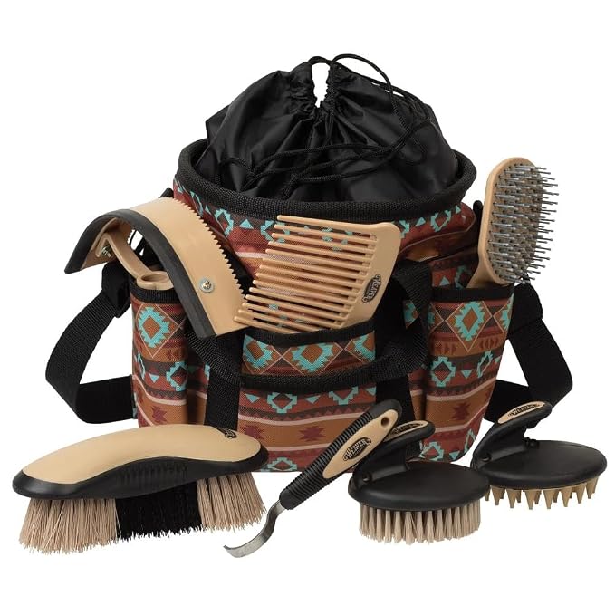 Weaver Equine Horse Grooming Kit, 7-Piece Horse Brush Set with Organizer Tote Bag, Hoof Pick, Comb, Sweat Scraper, Equine Tools for Daily Grooming, Lost Creek