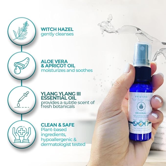 PRISTINE Toilet Paper Spray, As Seen on Shark Tank, Flushable Wipe Alternative, Personal Cleansing Bathroom Spray for Regular Toilet Tissue, Bidet Alternative, Made in USA, Original, 1oz Travel Size