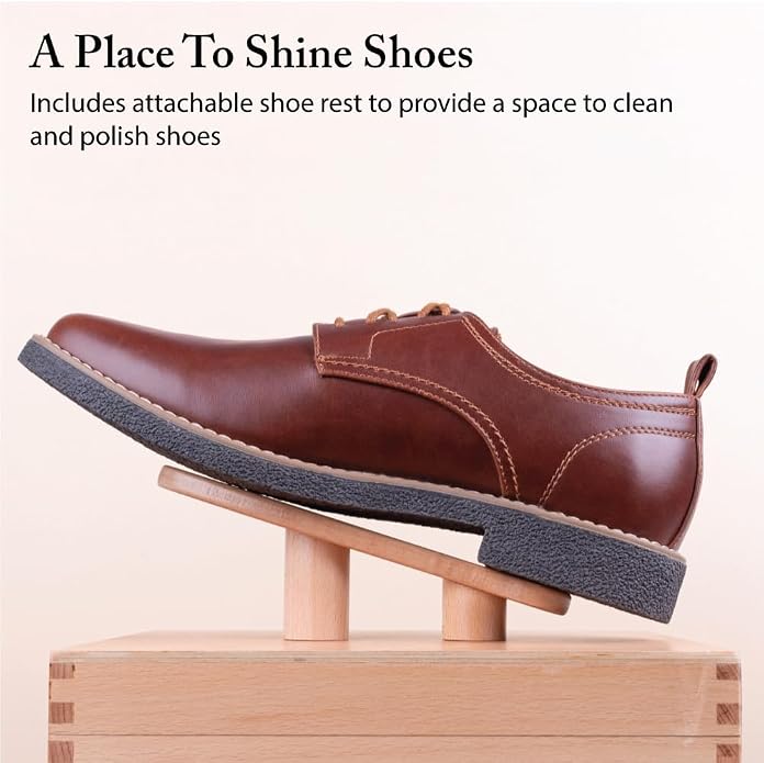 FootFitter Beech Wood Valet Box, Premium Shoe Shine Storage Organizer | Durable Beech Wood Construction with Storage Space for Shoe Care Tools & Attachable Shoe Rest for Cleaning & Polishing