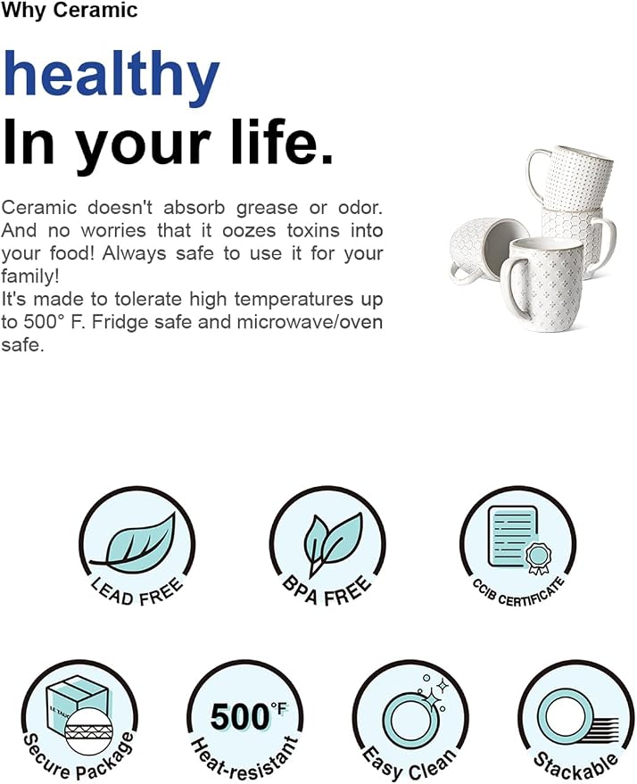 LE TAUCI Coffee Mugs 12 oz, Ceramic Mug Set Set of 4, Embossment Cups for Espresso, Latte, Tea, Cocoa, Cappuccino & Mocha, Dishwasher Oven Microwave Safe - 3.4 inch, Arctic White