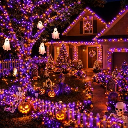 TW SHINE Halloween Lights, 200 LED 66FT Outdoor Halloween Lights Plug in with 8 Modes, Waterproof Light Outdoor, Indoor Decorations for Party Yard Haunted House Decor, Orange and Purple