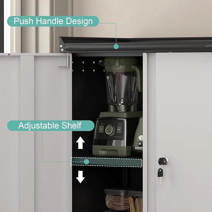 GREATMEET Garage Storage Cabinet with Wheels, Lockable Metal Storage Cabinet, Rolling Tool Cabinet with Adjustable Shelf, Push Handle for Shop, Home, Office, Black/Grey