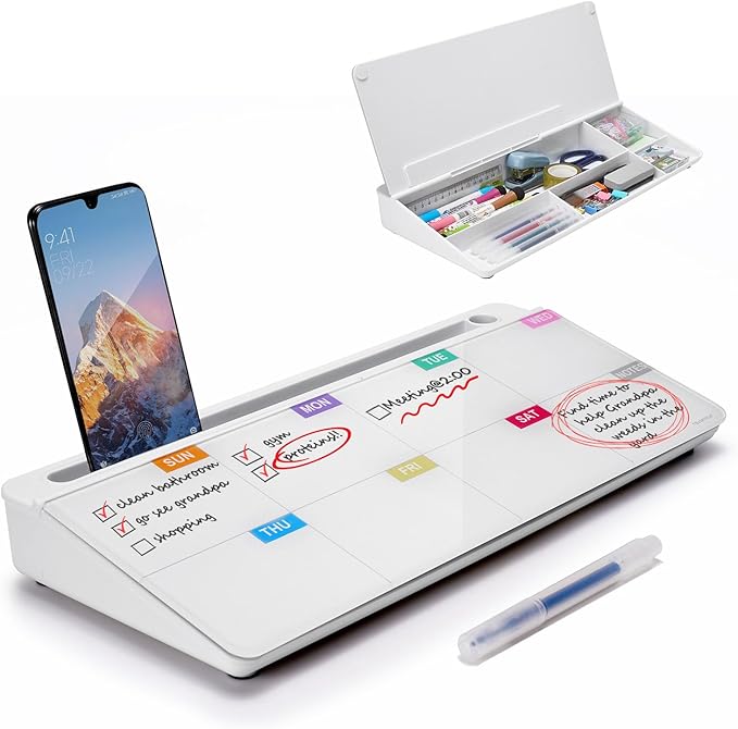 TSJ OFFICE Whiteboard Weekly Dry-Erase-Board - Desktop White Board Calendar Desk Organizers with Accessories Computer Keyboard Stand with Drawer, for Office, Home, School Supplies - White Calendar