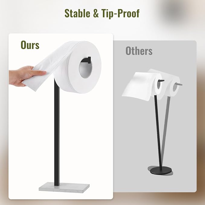 Matte Black Toilet Paper Holder with Marble Base Stand Freestanding Tissue Roll Holder SUS 304 Stainless Steel Rustproof for Pedestal Lavatory with Organization L-Shape Tissue Storage by Homevacious
