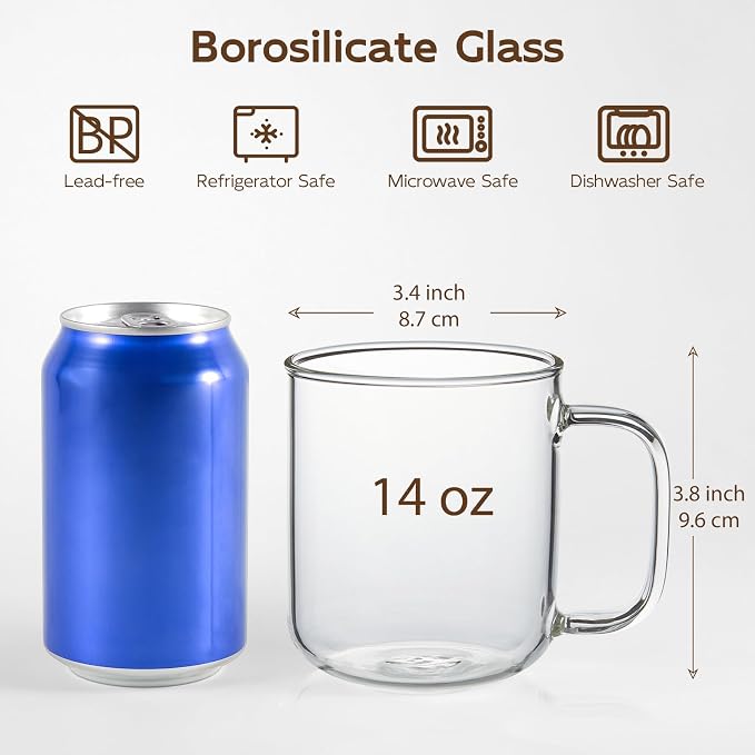 Glass Coffee Mugs, 14 oz iced coffee cups, Clear Tea Cups Set of 2, Glass Mugs with Handles, Glass Cups for Latte, Cappuccino, and Tea