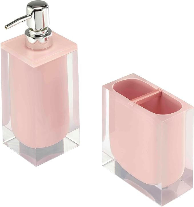 Izod - Accessory Set, Resin Toothbrush Holder & Soap Dispenser/Lotion Pump, Solid Home Decor, Dorm Room Essentials (Marina Collection, Pink)