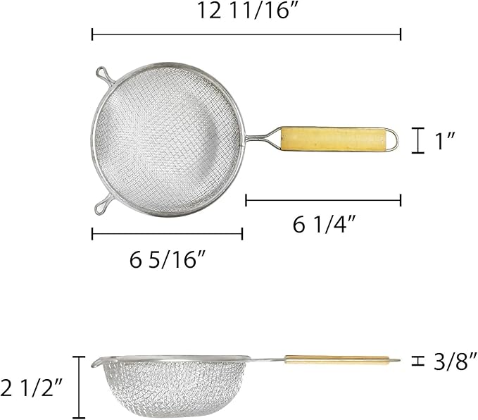 TrueCraftware- 6-Inch Double Fine Mesh Strainer Stainless Steel 6-1/2" Handle Length Wooden Handle- Kitchen Utensil Food Strainer Skimmer Spoon for Cooking Sieve Sifters Pasta Fruits Vegetable