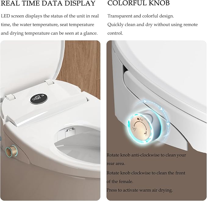 XCQQ Bidet Toilet Seat, Bidet Seat with Remote Control, Warm Water Wash, Heated Seat, Air Dryer, Soft Close Lid, Night Light, Self Cleaning Nozzle, LED Display, Requires Outlet - Elongated