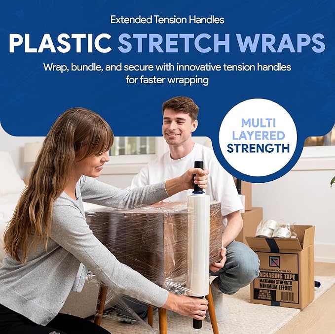International Plastics Co. 12 Pack 15" Plastic Stretch Film Wrap with Extended Tension Handles 1200ft Each 500% Stretch Clear Cling Durable Adhering Packing Moving Heavy Duty Pallet Shrink
