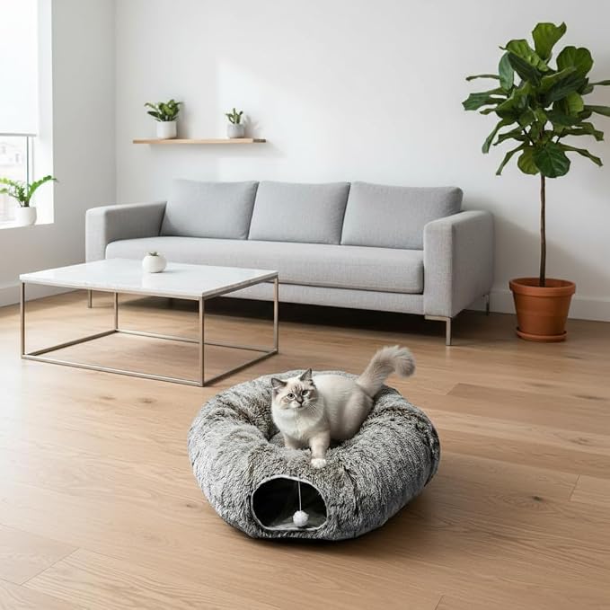 AUOON Plush Cat Tunnel Bed for Indoor Cats, 36" L x 36" W x 11.5" H, Brown | 2 in-1 Interactive Cat Toy, with Hanging Ball Toy, Machine Washable Center Pad, for Kitten Puppy Rabbit Ferret