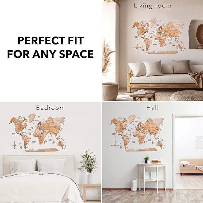 Enjoy The Wood 3D Wooden World Map Wall Art - Large Travel Map with Pins for Art Decor - Decorative Map of the World for Home, Office - Travel Wall Art Housewarming Gift Idea (Light, XL, Unframed)