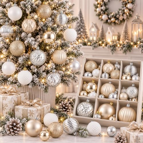 Lunmon 64 Pcs Christmas Ball Ornament Gold Silver White 1.57/1.97/2.36 Inch