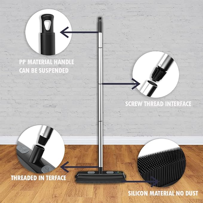 Rubber Bristle Broom and Rubber Squeegee Snap on Dustpan Set with Portable Push Broom Rug Squeegee and Extendable Telescoping Handle for Pet Hair Removal Home Office Fabric Carpet Floor Desk Black