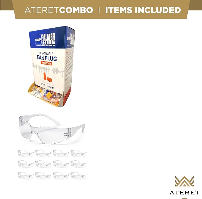 ATERET Earplugs 200 Pairs & 12 Pairs of Safety Glasses I 32db Noise Cancelling Soft Disposable Ear Plugs I Safety Hearing & Eye Protection for Hunting Shooting Range Work Construction