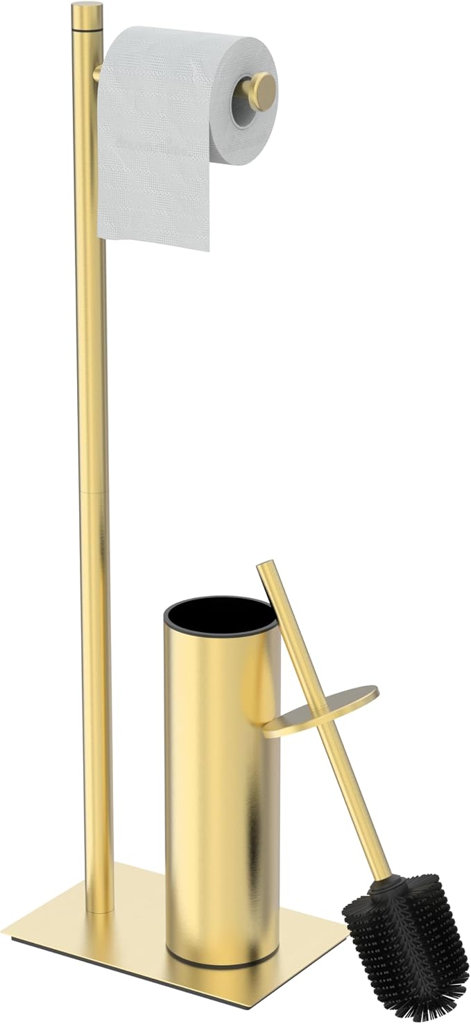 RUACQ Toilet Paper Holder Stand with Toilet Brush and Holder Set, 304 Stainless Steel Bathroom Toilet Tissue Paper Roll Holder Free Standing, Weighted Base, Heavy Duty (Brushed Gold)