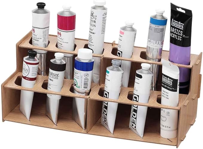 HG Art Concepts Mezzo Artist Paint and Brush Racks - Wood Grain Laminate Multi Layer Desk Stand Professional Storage Display Organizer for Paintbrushes & Large Tubes - 3 Pack
