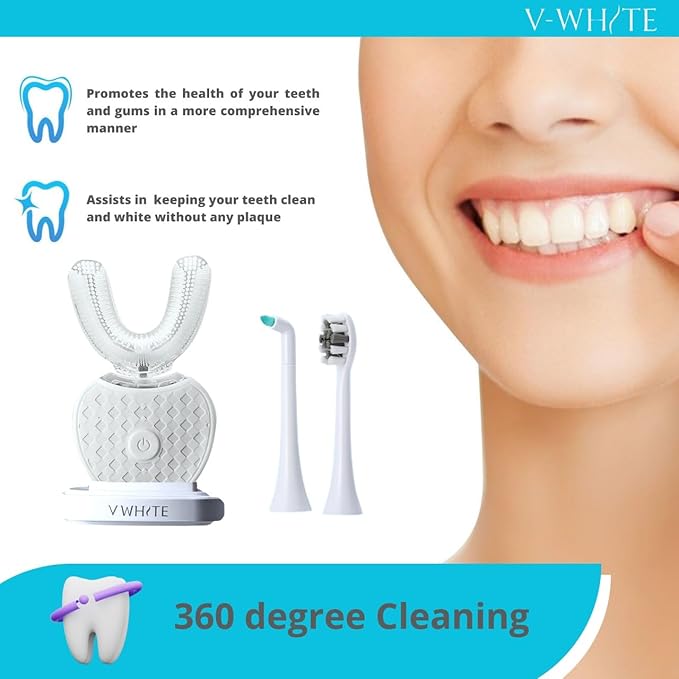 V-WHITE Adults Auto Brush Ultrasonic U-Shaped Toothbrush – 360° Teeth Cleaning, Hands-Free Electric Autobrush – Gum Protection, Waterproof IPX7, Wireless Charging