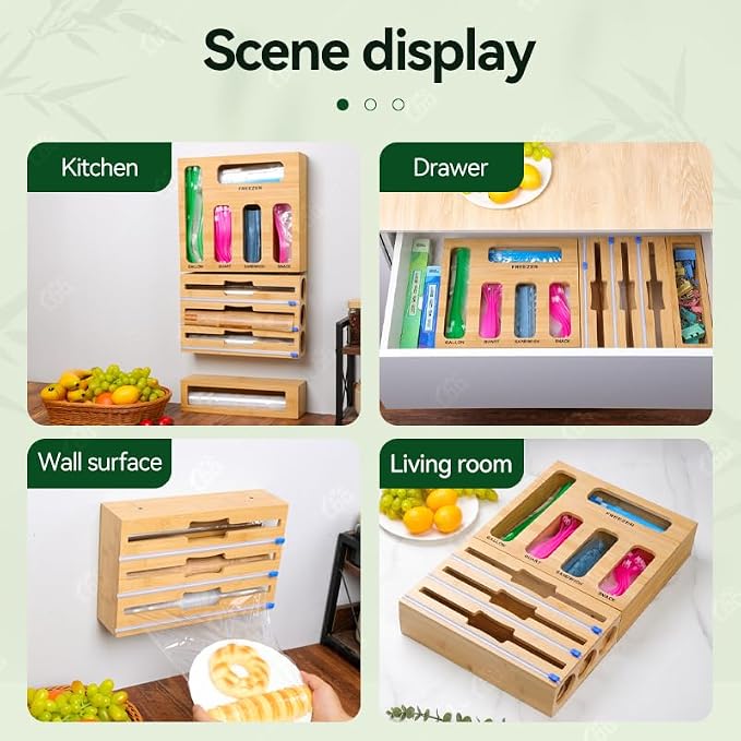LDQ 9-in-1 Shatterproof Square Bamboo Storage Box - Aluminum Foil Dispensr with Cutter, Reusable Quarter Multi-Functional Sealed Bag Organizer for Kitchen Drawers, Walls, and Cabinetse