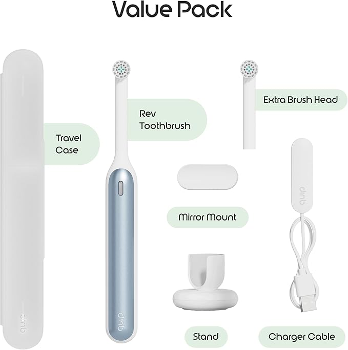 Quip Rev Oscillating Rechargeable Electric Toothbrush with Extra Brush Head - Soft Bristles, Pressure Sensor, 3 Intensities, 30-Day Battery Life, 2-Min Timer, Travel Case, Mirror Mount - Blue Mist