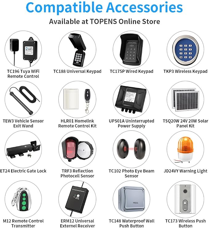 TOPENS AD8S Automatic Solar Gate Opener for Heavy Duty Dual Swing Gates Up to 18ft per Arm, Dual Swing Gate Operator Battery Powered with Remote Control Kit Gate Motor Solar Panel Included