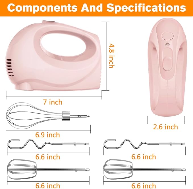 Handmixer Electric Handheld - 5 Speed Portable Kitchen Mixer Electric with 5 Stainless Steel Accessories Whisk, Food Beater for Whipping Mixing Cookies(Pink)