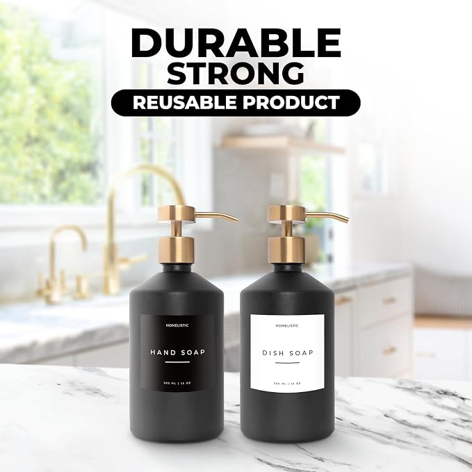 Homelistic Matte Black Glass Soap Dispenser Set with Champagne Gold Pump – 16oz Refillable Kitchen & Bathroom Soap Dispensers (2 Pack) Rust-Resistant Stainless Steel Pumps, 48 Labels