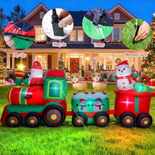 Thuodo 11 FT Long Christmas Inflatables Train with Santa Claus Reindeer Snowman Outdoor Decorations Blow Up Yard with Built-in LEDs for Lawn Garden Holiday Indoor Party Decor