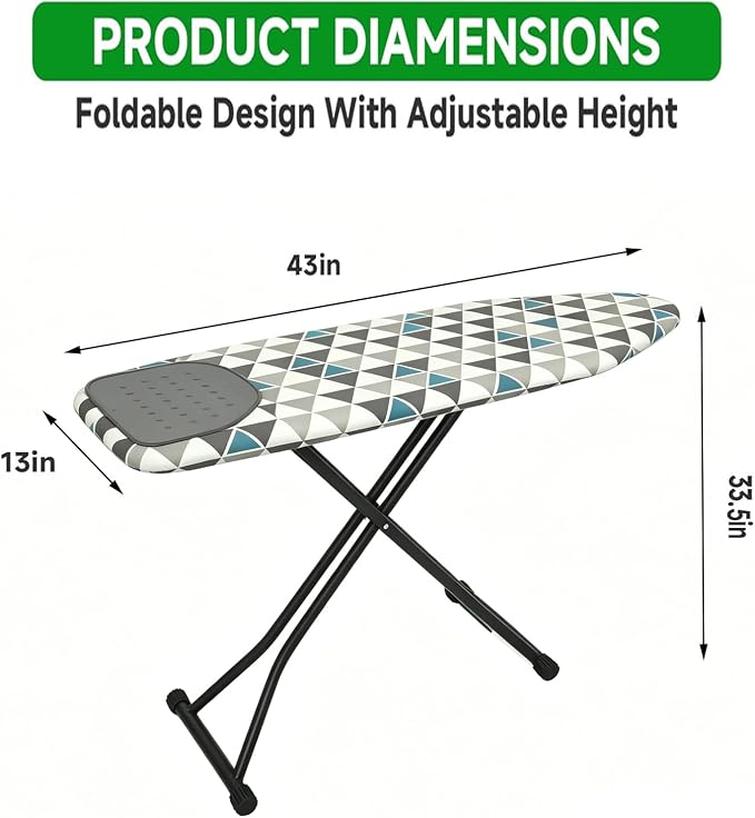 Ironing Board Full Size, Heat Resistant Cover Wide Iron Board, Ultra Thick Padding, Height Adjustable Heavy Sturdy Metal Frame Legs Ironing Stand,Non-Slip Foldable 43"x13" (Triangle)