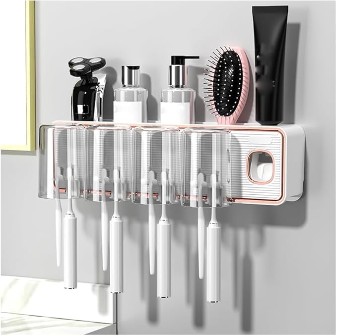 Toothbrush Rack Wall-mounted Hole-free Tooth Cup Holder Bathroom Black and White Transparent Cup Mouthwash Rack Tooth Cylinder Toothpaste Toothbrush Holder Bathroom Toothbrush Holder(A)