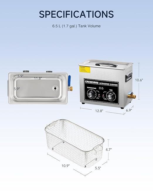 CREWORKS 6.5L Ultrasonic Cleaner with Knob, 1.7 gal 120W Professional Industrial Auto Cleaning Machine for Tools Watch Glasses Retainer Denture Parts, 40kHz Digital Heated Sonic Cavitation Cleaner