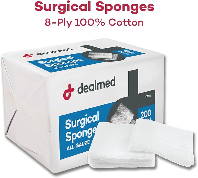 Dealmed 2" x 2" Surgical Sponges, 8-Ply, Non-Woven Absorbent Gauze Sponges for Wound Care, First Aid Kits and Medical Facilities, 200 Count (Pack of 2)