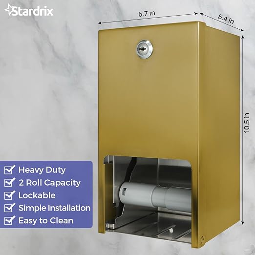 Stardrix Gold 2 Roll Stainless Steel Commercial Toilet Paper Dispenser, Heavy Duty Wall Mount Tissue Holder with Lock for Restroom/Bathroom