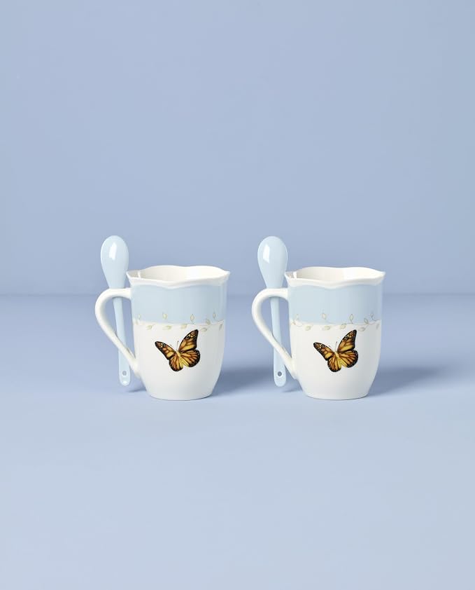 Lenox 897800 Butterfly Meadow Color Mugs With Spoons, Set Of 2, Blue