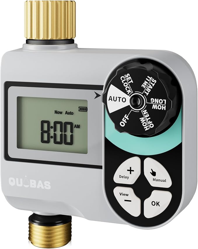QUOBAS Brass Sprinkler Timer, Programmable Water Hose Timer for Garden Hose Faucet with Waterproof HD Screen, Rain Delay/Manual/Automatic Irrigation Watering System for Garden, Lawn, Yard
