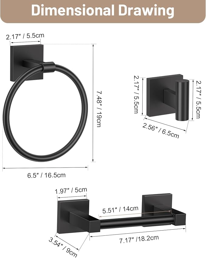 Towel Ring Set 4 Piece Bathroom Hardware Set Includes Towel Ring 2 Towel Hooks and Toilet Paper Holder Stainless Steel Wall Mounted (Matte Black)