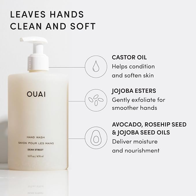 OUAI Hand Wash, Dean Street - Liquid Hand Soap with Jojoba, Avocado, & Rose Hip Oil for Replenished Skin - Gentle Exfoliating Kitchen & Bathroom Soap (16 Fl Oz)
