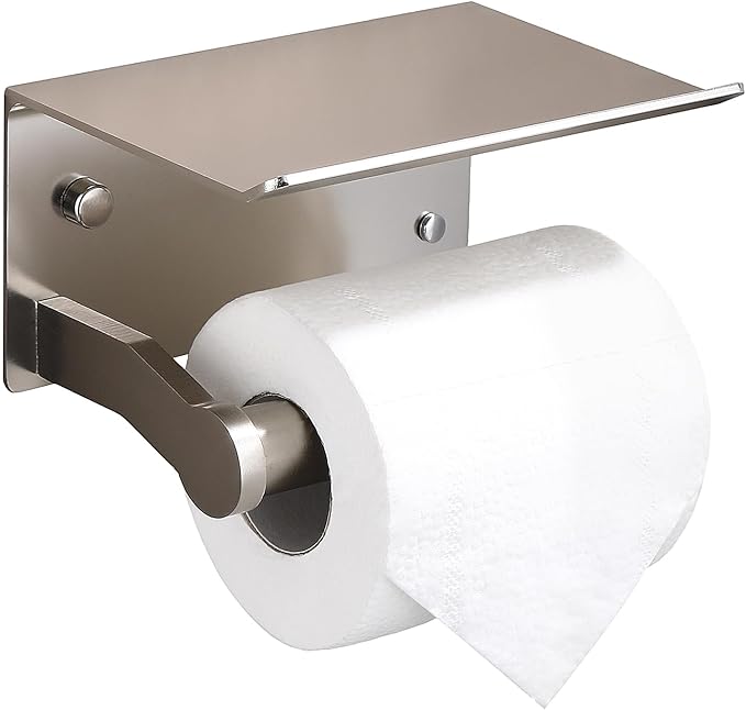 Homely Trove Toilet Paper Holder with Shelf - Self Adhesive Tissue Towel Dispenser or Wall Mounted Toilet Paper Roll Holder - Rustproof Bathroom Phone Holder Tissue Holder Brushed Nickel