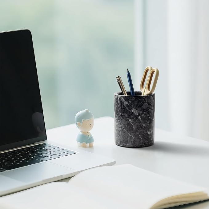 Pen Holder Stand Italy Natural Premium True Marble Makeup Brush Holders, Tableware Organizer Desk Pencil Cup for Home Office School Decor Dark Grey (DL012)