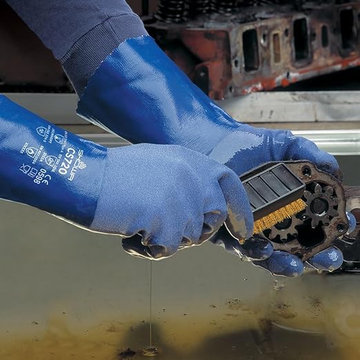 SHOWA CS720 Double Coated Nitrile Chemical Resistant Safety Gloves with Poly Liner, Food Safe, 12" Length, X-Large (12 Pair)