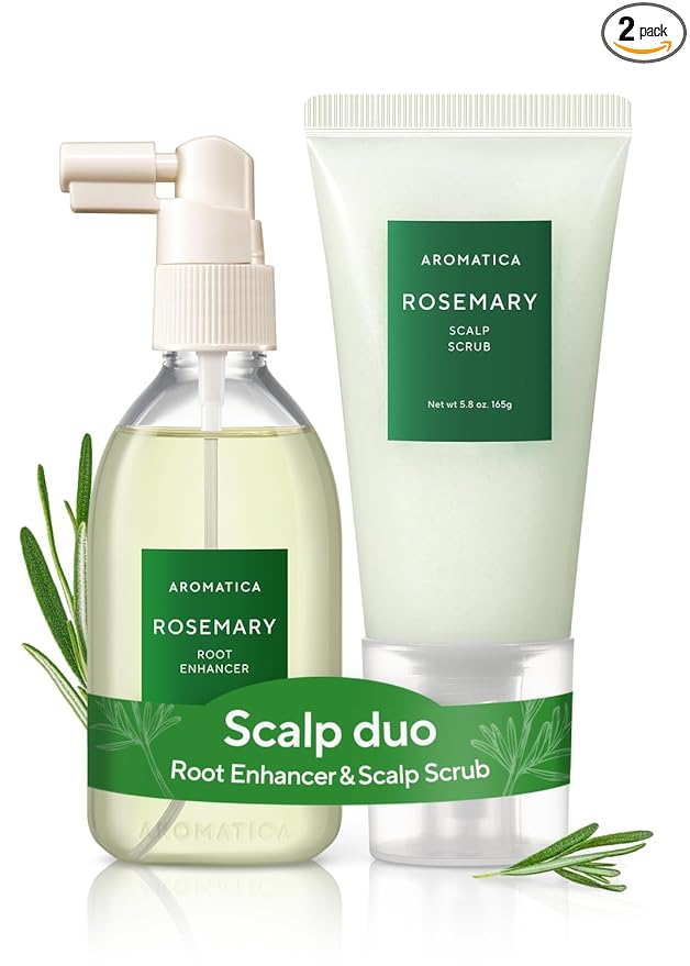 AROMATICA Rosemary Root Enhancer And Scalp Scrub Korean Hair Care Set - Rosemary Water Spray and Scalp Exfoliator for Dry Scalp Treatment, Rosemary Oil Scalp Care, Exfoliante de romero
