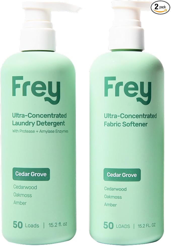 FREY Laundry Care Bundle: Concentrated Detergent & Fabric Softener, Cedar Grove Scent, HE-Compatible, Eco-Friendly