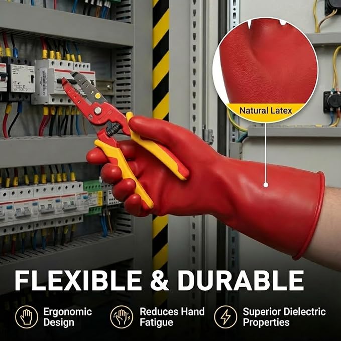 Class 00 Insulated Electrical Gloves - 2.5KV Tested for Max 500V AC Use - Low Voltage Safety Gloves for EV Hybrid Car Repair, HVAC & Electrician Work - Red Natural Latex (Universal Fit)