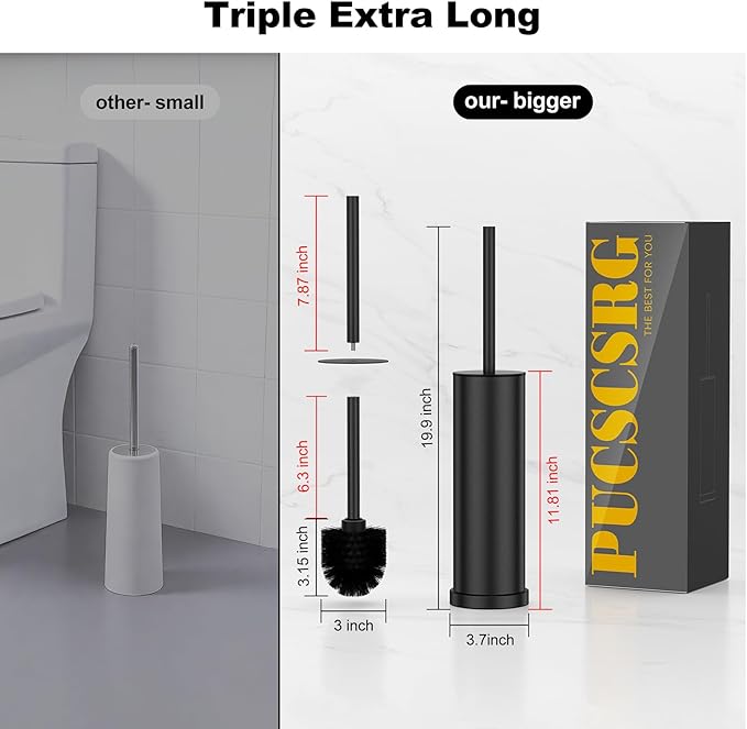 Black Toilet Brush and Holder Set，2 Pack Stainless Steel Heavy Duty Toilet Bowl Brush，Extra Long Handled Modern Toilet Cleaner Brush with Replaceable Head, Removable Inner Bowl, and Splash Protection