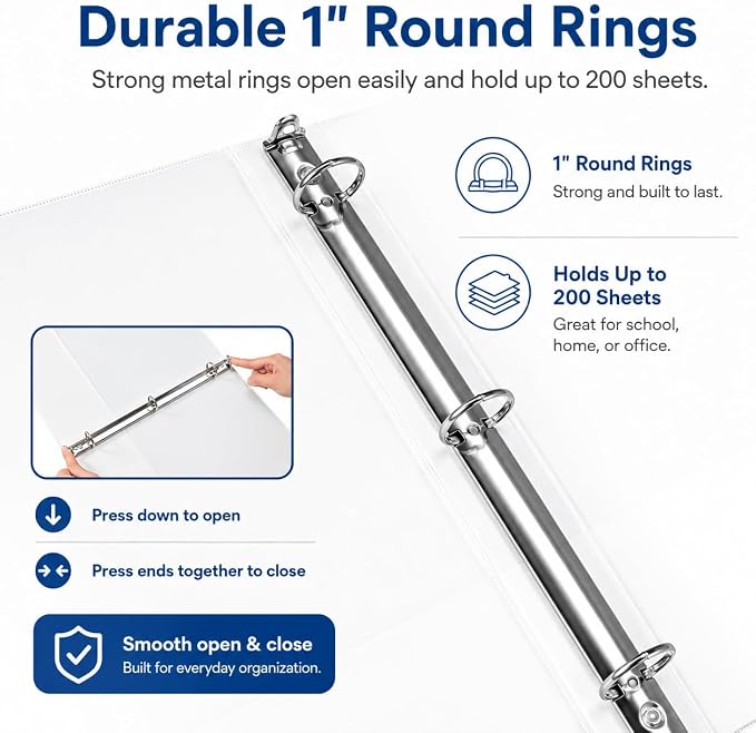 Durable 1 inch 3-Ring Binder, 1" Round Ring Binders with 2 Inside Pockets, Basic 1 in Binders, PVC- Free, Clear View Cover 1-inch-Binder Holds 8.5'' x 11''Paper for Office/School/Home（12 Pack, White