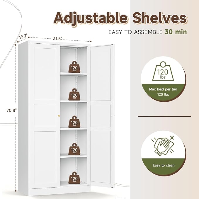 White Storage Cabinet with Adjustable Shelves-Metal Home Kitchen Pantry Cabinets with Doors,Organization Locker for Cupboard/Bedroom/Dining/Living/Bathroom/Office/Garage Room
