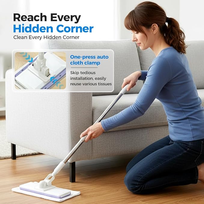 Disposable Dust Mop with 10 Reusable Cloths, 2026 New Convenient Cloth Changing Mini Mop 38" Long Handle Wet and Dry Flat Mopping, Sweeper Stick Lightweight Snap for Corners Multi Surface (5 Clothes)