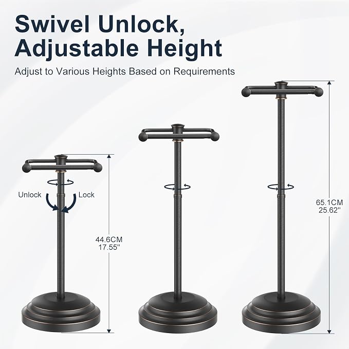 Bathroom Toilet Paper Holder Stand, Oil Rubbed Bronze Toilet Paper Holder Free Standing, Stainless Steel Pivoting Toilet Tissue Roll Holder，Adjustable Height (14 to 24 Inch) Paper Holder